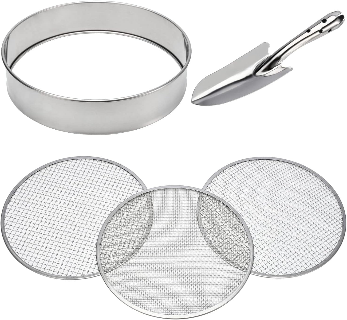Soil Sieve Stainless Steel Riddle Sieve Set, 12" Diameter, with 3 Interchangeable Filter Mesh