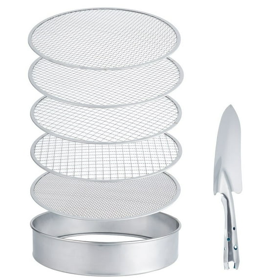 Soil Sifter Garden Compost Dirt Sifter Screen Stainless Steel Sieve Set Stackable Sifting Pan, 5 Sieve Mesh Filter Sizes & 1 Bonsai Gardening Shovels