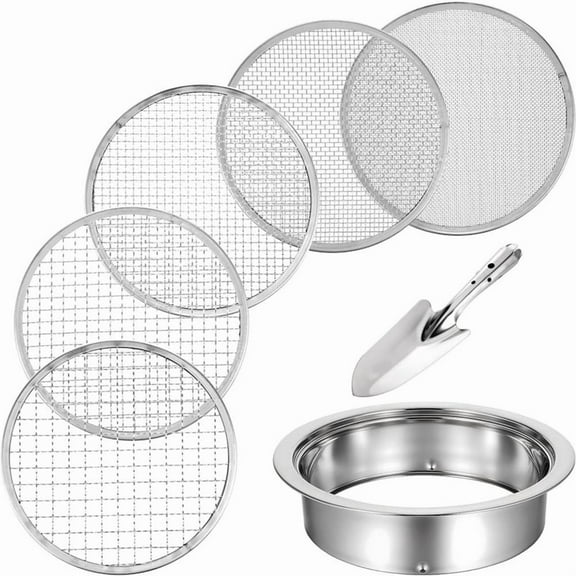 Soil Sifter Riddle Sieve Set for Gardening with 5 Sizes 8 Inch Diameter 1/3/6/9/12mm Interchangeable Meshe