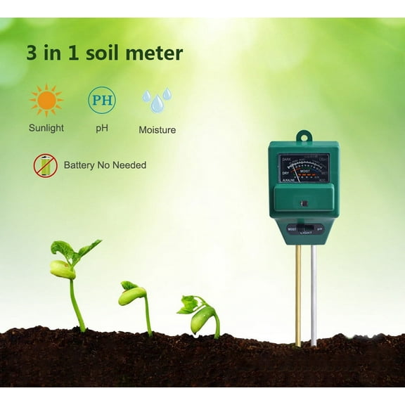 Soil pH Meter 3-in-1 Moisture Light Tester | Accurate Gardening Tool Kit | Double-Needle Sensor | Measures pH 3.5-8, Light 0-2000, Moisture 1-10 | No Batteries Needed | Green | 1 Pack
