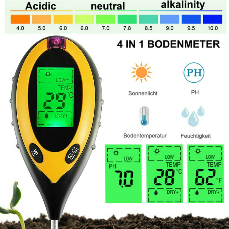 Soil PH Meter,VONTER 4 in 1 Digital LCD Soil Moisture Meter, with Moisture, PH, Light, Temperature Soil Tester for Home, Garden, Farm, Lawn, Indoor 