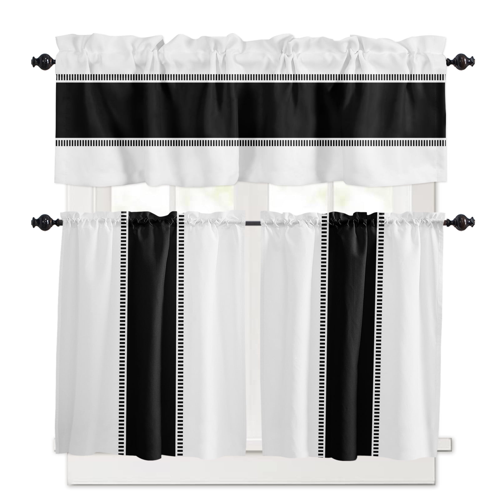 Soild Black Kitchen Curtains Set for Windows 3 Pieces,24 Inch Length ...