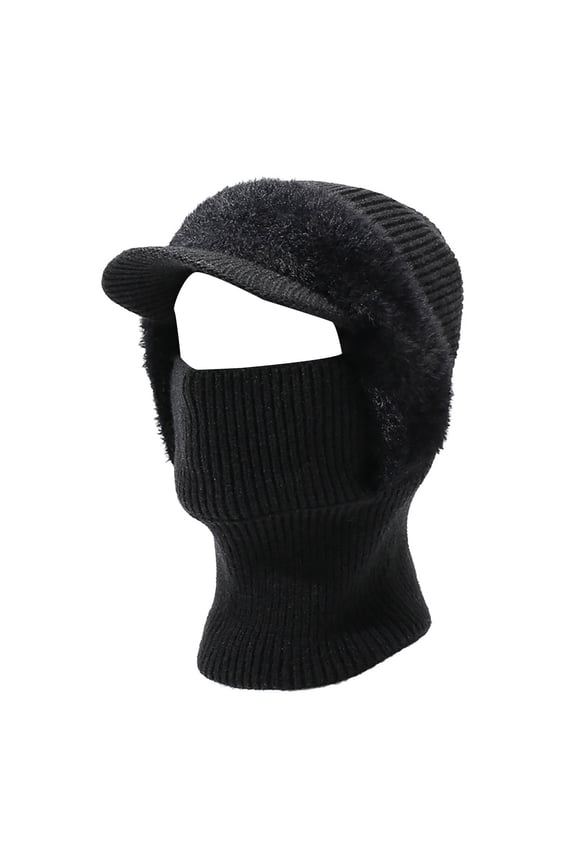 Soild Color Striped Knit Balaclava Hat with Brim, 3-in-1 Face Mask Neck Warmer for Women Men, Winter Hat for Skiing Cycling Running Daily Warmth and Wind Protection - Black