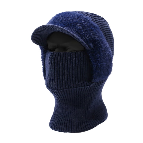 Soild Color Striped Knit Balaclava Hat with Brim, 3-in-1 Face Mask Neck Warmer for Women Men, Winter Hat for Skiing Cycling Running Daily Warmth and Wind Protection - Navy