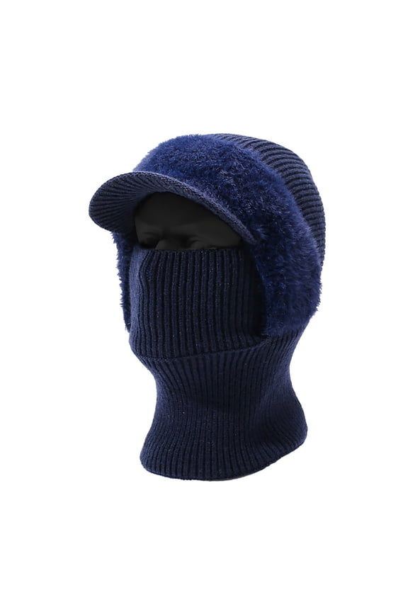 Soild Color Striped Knit Balaclava Hat with Brim, 3-in-1 Face Mask Neck Warmer for Women Men, Winter Hat for Skiing Cycling Running Daily Warmth and Wind Protection - Navy