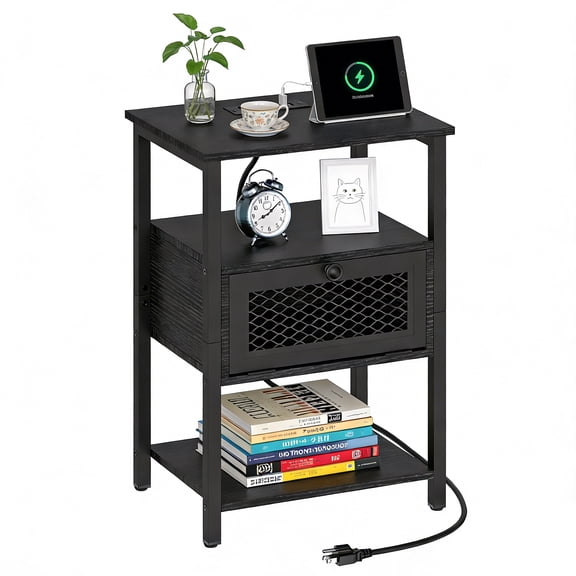SoildPal Nightstand with Charging Station, End Table with Drawer and USB Ports & Outlets, 3-Tier Small Side Table with Storage Shelf for Bedroom Living Room