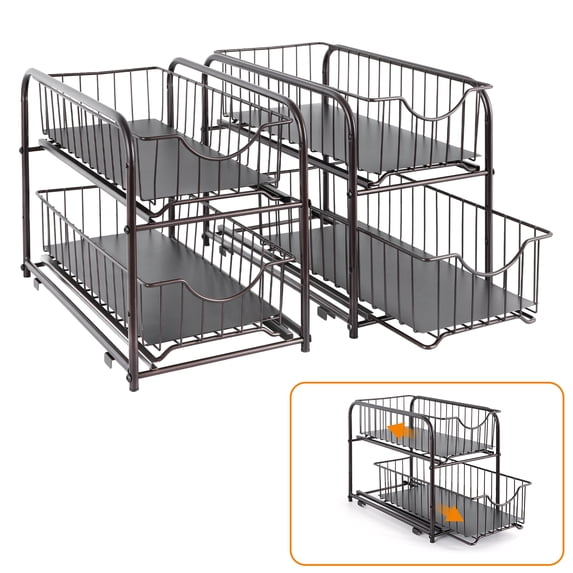 SoildPal Set of 2 Under Sink Organizer Pull Out, 2 Tier Sliding Storage Drawer, Stackable Cabinet Shelf Baskets for Kitchen Bathroom Countertop