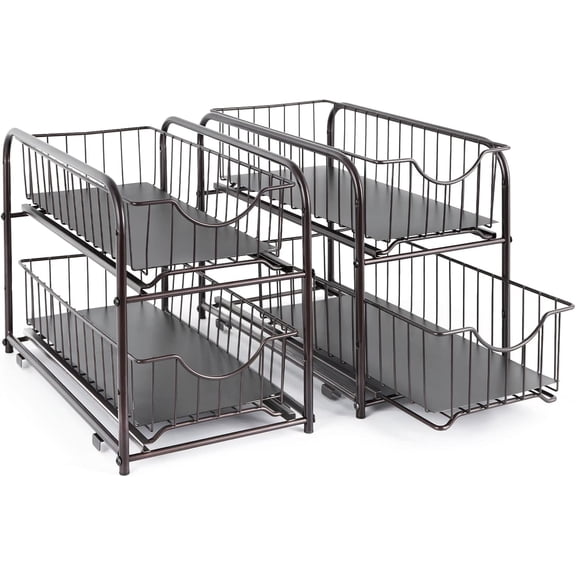 SoildPal Set of 2 Under Sink Organizer Pull Out, 2 Tier Sliding Storage Drawer, Stackable Cabinet Shelf Baskets for Kitchen Bathroom Countertop