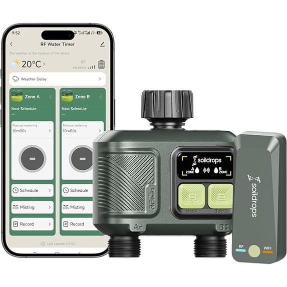 Soildrops Smart Sprinkler Timer — 2 Zones, App Control, 1,000 ft Wi-Fi Hub