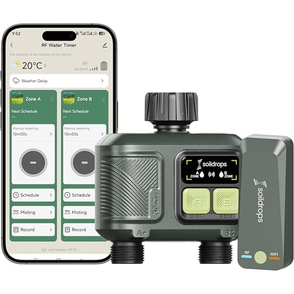Soildrops Smart Sprinkler Timer 2 Zones, App Control, 1,000 ft Wi-Fi Hub
