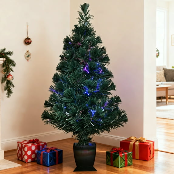 Soilhill 2.6ft Pre-Lit Fiber Optic Christmas Tree, Mini Dark Green Artificial Tabletop Xmas Tree with Colorful Lights for Home or Office Holiday Decor.