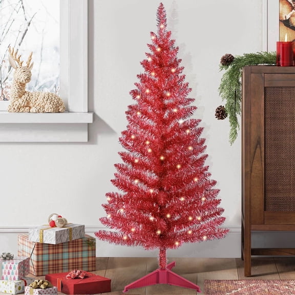 Makeatree 4 ft Red Artificial Christmas Tree with 50 Lights,112 Branch Tips Mini Holiday Party Xmas Tree w/Stand