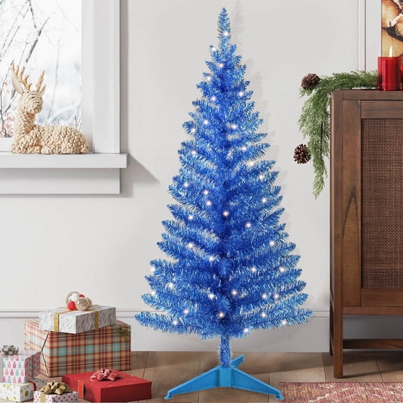 Makeatree 4 ft Blue Artificial Christmas Tree with 50 Lights,112 Branch Tips Mini Holiday Party Xmas Tree w/Stand