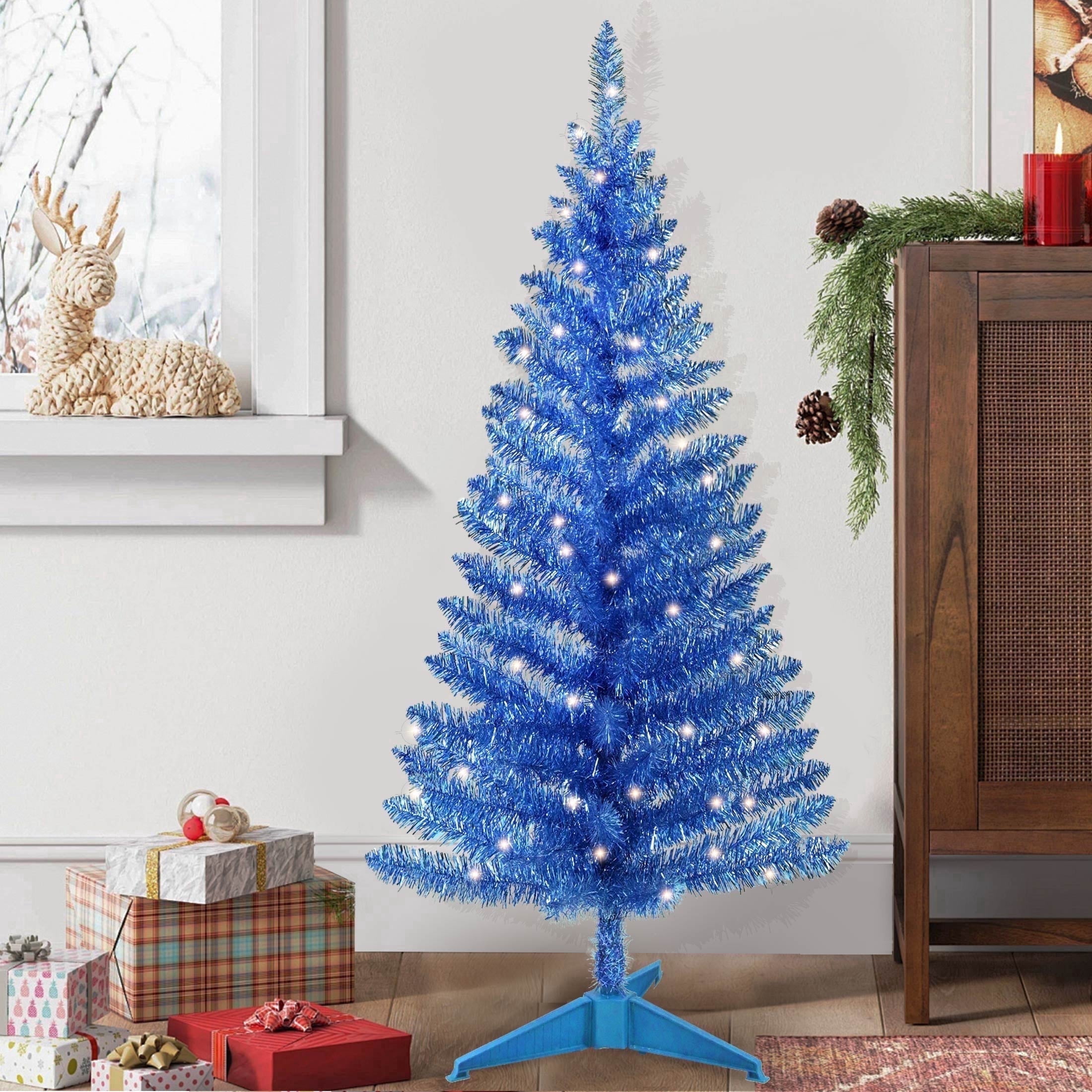 Makeatree 4 ft Blue Artificial Small Christmas Tree with 50 Lights，112 Branch Tips Mini Tabletop Holiday Party Xmas Tree w/Stand
