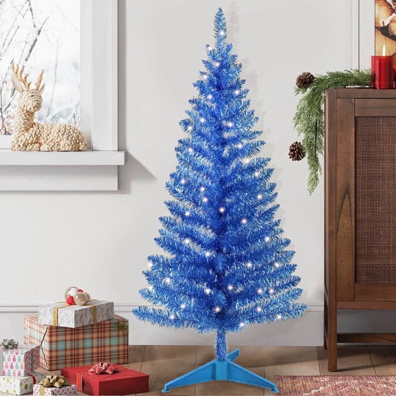 Makeatree 4 ft Blue Artificial Christmas Tree with 50 Lights，112 Branch Tips Mini Holiday Party Xmas Tree w/Stand