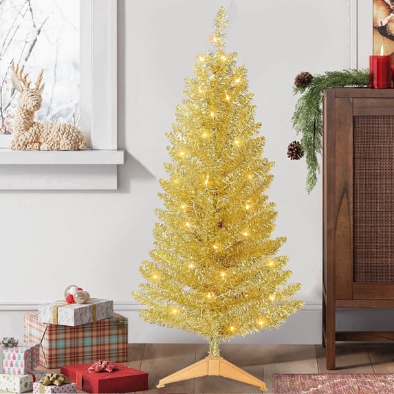 MAKEATREE 4 ft Gold Artificial Christmas Tree with 50 Lights, 112 Branch Tips, Mini Holiday Xmas Tree with Stand