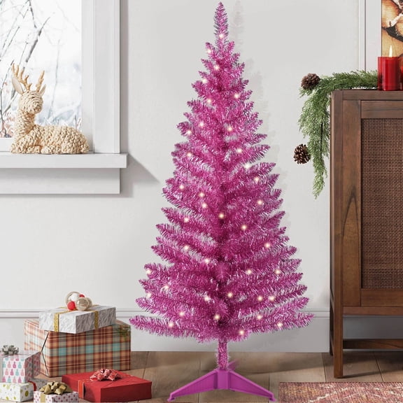 Makeatree 4 ft Pink Artificial Christmas Tree with 50 Lights,112 Branch Tips Mini Holiday Party Xmas Tree w/Stand