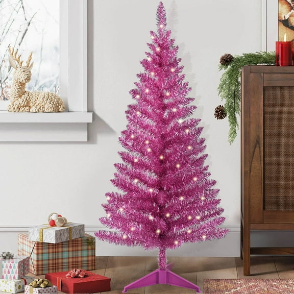 Makeatree 4 ft Pink Artificial Christmas Tree with 50 Lights，112 Branch Tips Mini Holiday Party Xmas Tree w/Stand