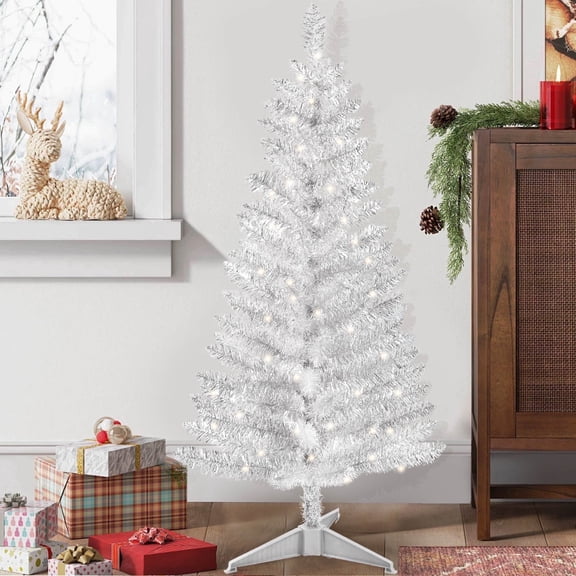 Makeatree 4 ft Silvery Artificial Christmas Tree with 50 Lights，112 Branch Tips Mini Holiday Party Xmas Tree w/Stand
