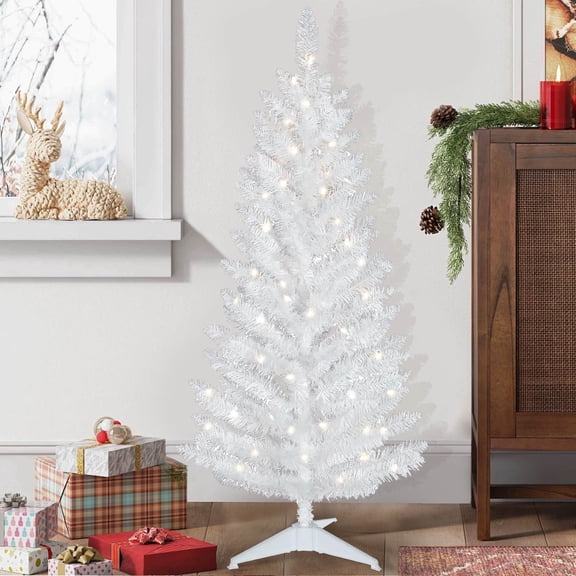 Makeatree 4 ft White Artificial Christmas Tree with 50 Lights,112 Branch Tips Mini Holiday Party Xmas Tree w/Stand