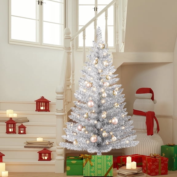 Soilhill 4ft Silver Artificial Halloween & Christmas Tree with Stand, Compact Design, Includes Separate String Lights (Not Pre-Lit)