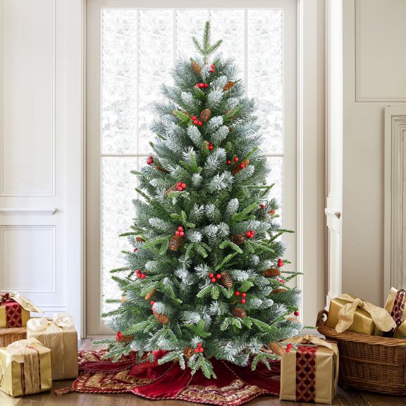 Soilhill 4ft Snow Frosted Christmas Tree w/747 PE/PVC Tips, Pinecone & Berries - Holiday Decor