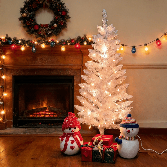 Soilhill 4ft White Halloween & Christmas Tree, Compact Artificial Xmas Tree with Stand, Includes Separate String Lights (Not Pre-Lit)