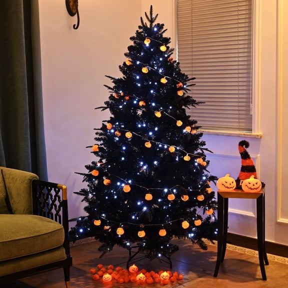Soilhill 6FT Pre-Lit Black Christmas Tree with 350 Lights, 1460 Tips Artificial Holiday Tree for Halloween & Christmas Decorations