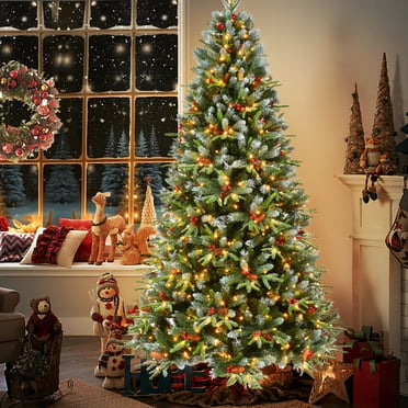 7.5 ft Pre-lit Flocked Slim Northern Fir PE/PVC Tree 400 UL Clear ...