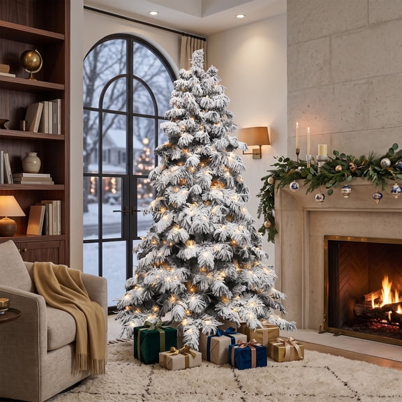 Soilhill 7FT Pre-lit Flocked Christmas Tree, 360 Warm White LED, Hinged Branches & Metal Stand, Snowy Farmhouse Decor