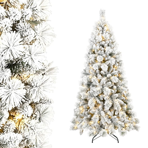 Soilhill 8ft Pre-Lit Snow-Flocked Christmas Tree with 600 LED Lights & 1445 PVC/Pine Needles Tips