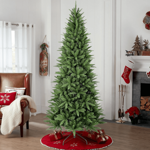 Makeatree 9ft Unlit Pencil Christmas Tree, Artificial Slim Xmas Tree with 2152 PE & PVC Mixed Branches,Metal Hinges, Foldable Base