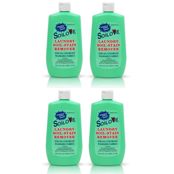 Soilove Laundry Stain Remover Liquid 4 Bottles (16oz) Powerful Prewash for Blood, Grease, Ink, Grass, Food, & More Enzyme-Based Concentrated Stain Fighter for Clothes