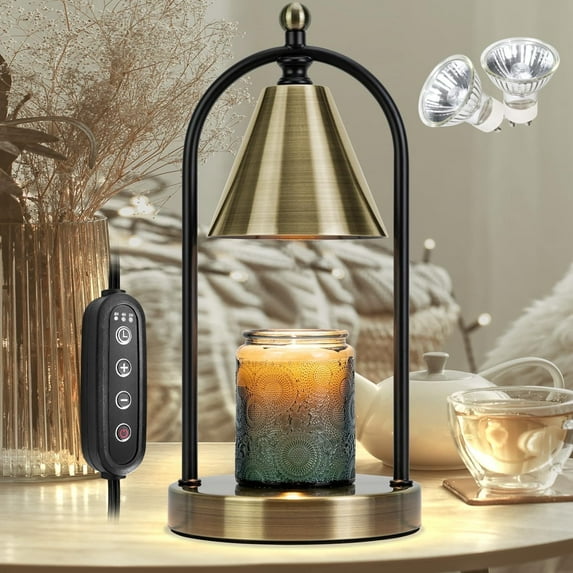 Candle Warmer Lamp with Timer, Electric Brass Candle Warmer Light for Bedroom, Dimmable Wax Melts Warmer for Candle Jars, Beside Lamp Gifts for Women Home Decor with 2 Light Bulbs