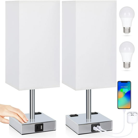 Soilsiu Set of 2 Bedside Table Lamp 3 Way Dimmable Nightstand Lamp with USB C & USB A Charging Port, 2 AC Outlets, 3000K LED Bulbs (White)