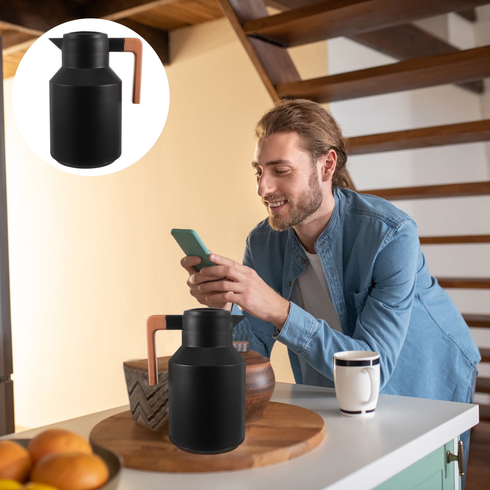 Soimiss 1Set Insulated Pitcher for Hot Liquids Thermal Kettle Wood Black Hot Water Storage Outdoor Use