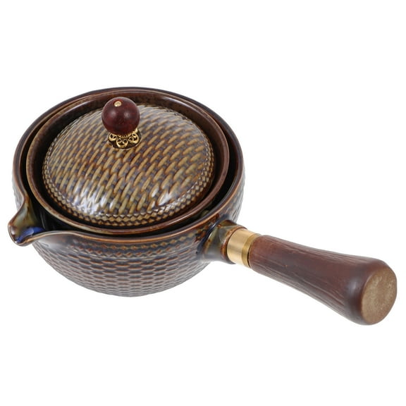 Soimiss Ceramic Teapot, Heat-Resistant, with Stainless Steel and Wood, Brown, for Home 1Pc
