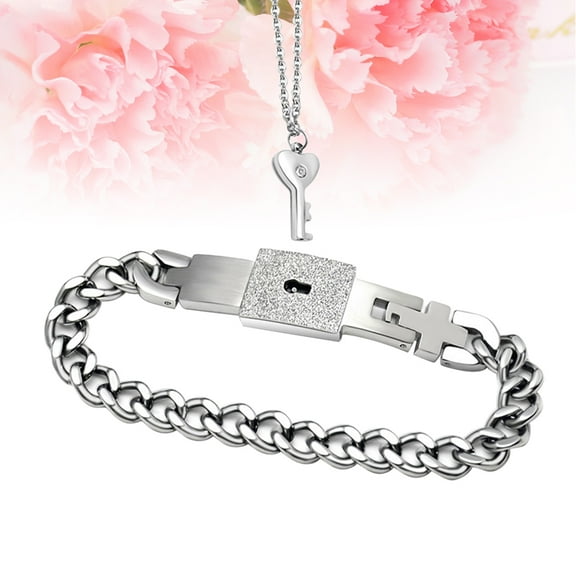 Soimiss 2PCS Engraved Couple Bracelets Heart Key Lock Bangle Bracelet in Titanium Steel for Couples on Valentines Day