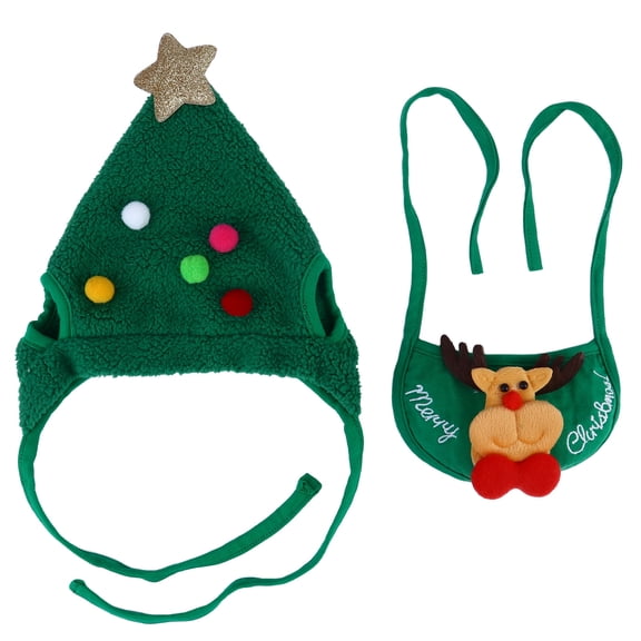 Soimiss Christmas Deer Pet Costume, Green Hat and Scarf, Cozy Fleece, for Cats and Dogs 2Pcs