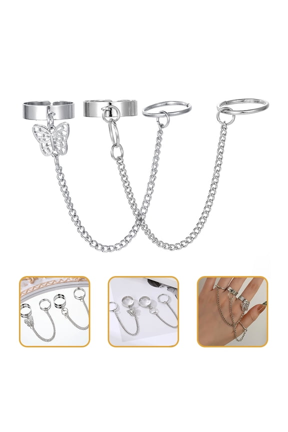 2Set Rings Adjustable Silver Chain Ring Punk Style for Women and Night Clubs