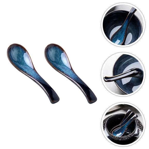 Soimiss Blue Ceramic Soup Spoons Fine Workmanship Kitchen Flatware 2Pcs
