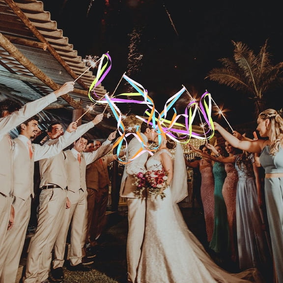 Soimiss 30Pcs Wedding Streamer Ribbon Sticks with Smooth Wooden Handles for Party Decoration