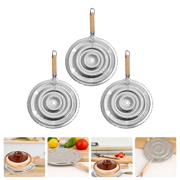 Soimiss 3Pcs Kitchen Heat Diffuser Insulation Pads Plated Silver Iron and Wood Wooden Handle Pot Mats for Table Protection