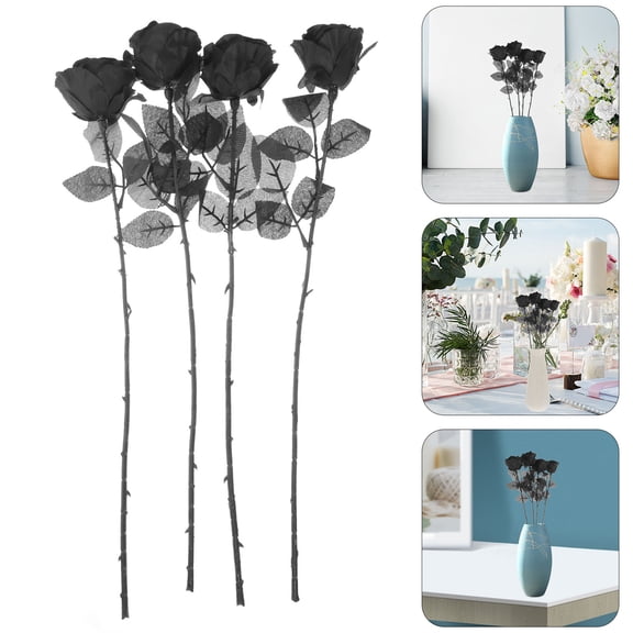 Soimiss 4pcs Decorative Faux Flower Black Artificial Roses for Centerpiece Floral Arrangements