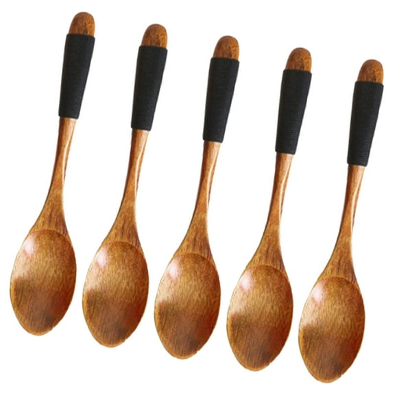 Soimiss 5Pcs Toddler Kitchen Utensils Wood Spoon Brown Tableware for Children Hotel Use