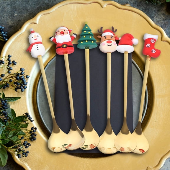 Soimiss 6Pcs Stainless Steel Christmas Dessert Spoons Plated Gold Durable Kit