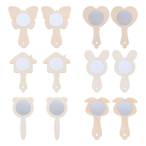Soimiss DIY Handheld Wooden Mirrors Set for Kids Craft Projects and Decoration Beige 12Pcs