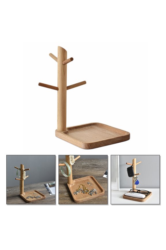 Wooden Jewelry and Key Holder Tray with Hanging Organizer for Necklaces and Accessories