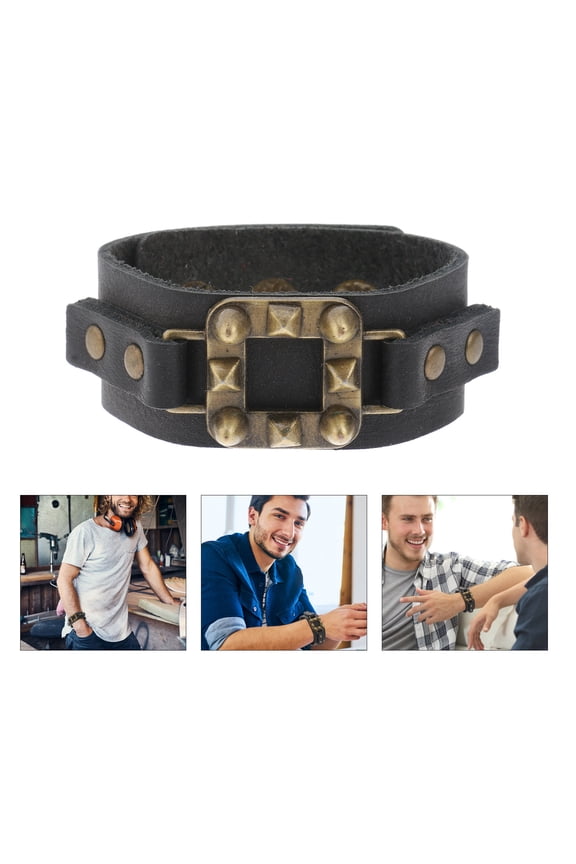 Male Hand Chain Cowhide Wrist Jewelry Black Punk Style for Daily Dress and Parties