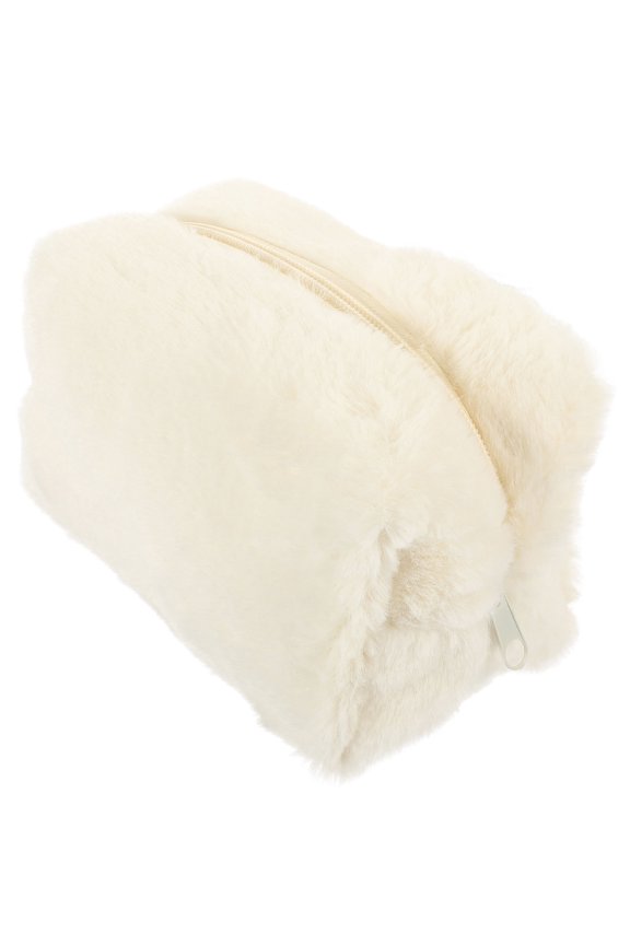 Travel Toiletry Bag in White Plush Soft Cosmetic Pouch for Convenient Outdoor Storage